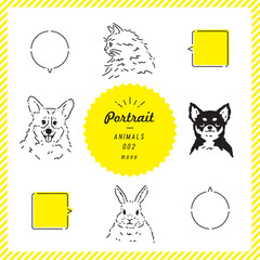 動物のポートレートイラストセット（モノクロ）
