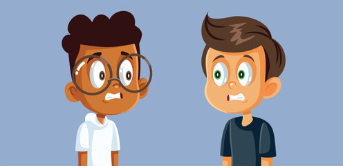 Friends Making a Mistake Feeling Embarrassed Together Vector Cartoon. Kids doing something wrong having regret written all over the face
