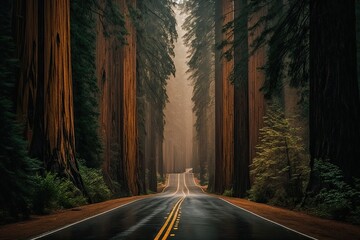 Forest Highway is foggy. Generative AI - obrazy, fototapety, plakaty