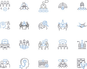 Team cooperation outline icons collection. Collaboration, Synergy, Unite, Together, Communicate, Cooperate, Network vector and illustration concept set. Bond, Integrate, Coordinate linear signs