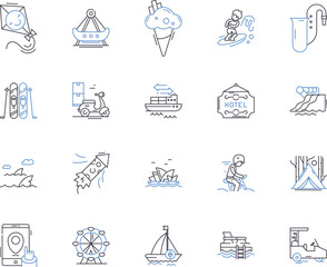 Travel and active people outline icons collection. Travellers, Active, Adventurers, Explorers, Trekkers, Hikers, Nomads vector and illustration concept set. Wanderers, Journeyers, Excursionists linear