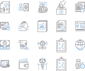 Finance industry outline icons collection. Banking, Savings, Loans, Insurance, Credit, Investment, Stocks vector and illustration concept set. Budgeting, Interest, Rates linear signs