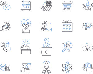 Traching and learning outline icons collection. Teaching, Learning, Education, Instruction, Curriculum, Assessment, Methodology vector and illustration concept set. Academic, Knowledge, skill linear