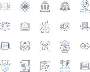 Smart office technology outline icons collection. Smart, Office, Technology, Automation, Computing, Networking, AI vector and illustration concept set. Automated, Connected, Wireless linear signs