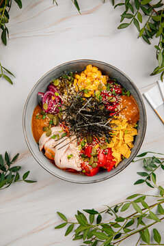 Portion Of Gourmet Sous Vide Chicken Poke Bowl With Vegetables