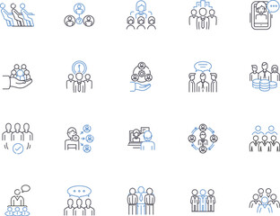 Team outline icons collection. Crew, Unit, Squad, Group, Collective, Club, Alliance vector and illustration concept set. Alliance, Cohort, Federation linear signs
