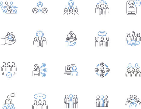 Team outline icons collection. Crew, Unit, Squad, Group, Collective, Club, Alliance vector and illustration concept set. Alliance, Cohort, Federation linear signs