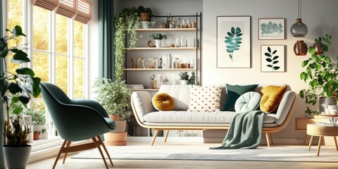 Cozy scandinavian style and modern design at home. Retro armchair and sofa, soft carpet, shelf with accessories and large window with daylight in living room interior, flat lay, panorama, free space