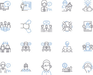 Workers outline icons collection. Employees, Laborers, Operatives, Staff, Personnel, Artisans, Workers vector and illustration concept set. Hands, Craftsmen, Toilers linear signs
