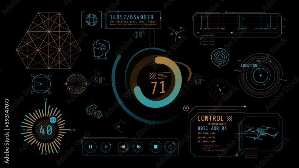 Poster animation of infographics about drones and virtual reality on alpha channel.
