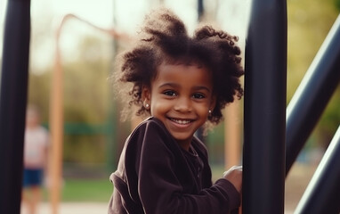 Black dark-skinned african american cute happy smiling girl outdoors at playground. Generative AI