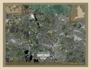 London Borough of Hillingdon, England - Great Britain. High-res satellite. Labelled points of cities