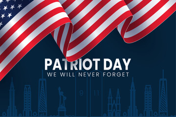 Patriot Day Background with New York City Outline Silhouette with realistic USA Flag. Vector Illustration