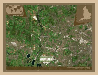 London Borough of Hillingdon, England - Great Britain. Low-res satellite. Labelled points of cities