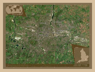 London, England - Great Britain. Low-res satellite. Labelled points of cities