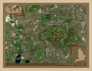 London Borough of Richmond upon Thames, England - Great Britain. Low-res satellite. Labelled points of cities