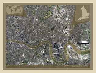 London Borough of Tower Hamlets, England - Great Britain. High-res satellite. Labelled points of cities