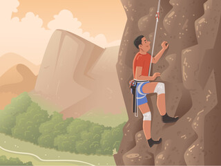 Rock climbing. A male climber climbs a steep cliff against a mountain landscape. Extreme sport