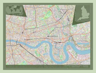 Naklejka premium London Borough of Tower Hamlets, England - Great Britain. OSM. Labelled points of cities
