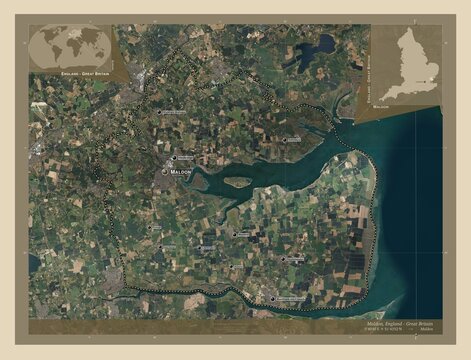 Maldon, England - Great Britain. High-res satellite. Labelled points of cities