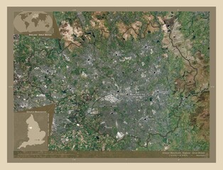 Greater Manchester, England - Great Britain. High-res satellite. Labelled points of cities
