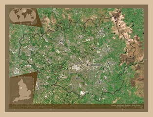Greater Manchester, England - Great Britain. Low-res satellite. Labelled points of cities
