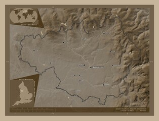 Greater Manchester, England - Great Britain. Sepia. Labelled points of cities