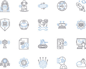 Fototapeta premium Automation and high tech outline icons collection. Automation, High-tech, Robotics, AI, Machine-Learning, Tech, Automated vector and illustration concept set. Smart, IoT, Digital linear signs