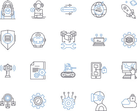 Automation and high tech outline icons collection. Automation, High-tech, Robotics, AI, Machine-Learning, Tech, Automated vector and illustration concept set. Smart, IoT, Digital linear signs
