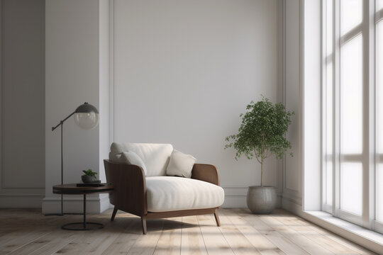 Modern armchair in a minimalistic living room with white wall,  Generative AI