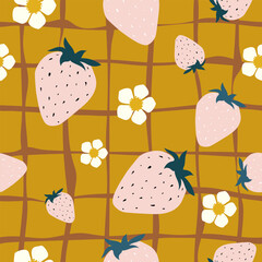 A pink strawberry with white flowers on a yellow mustard background creates a cute summer seamless pattern. Vector.