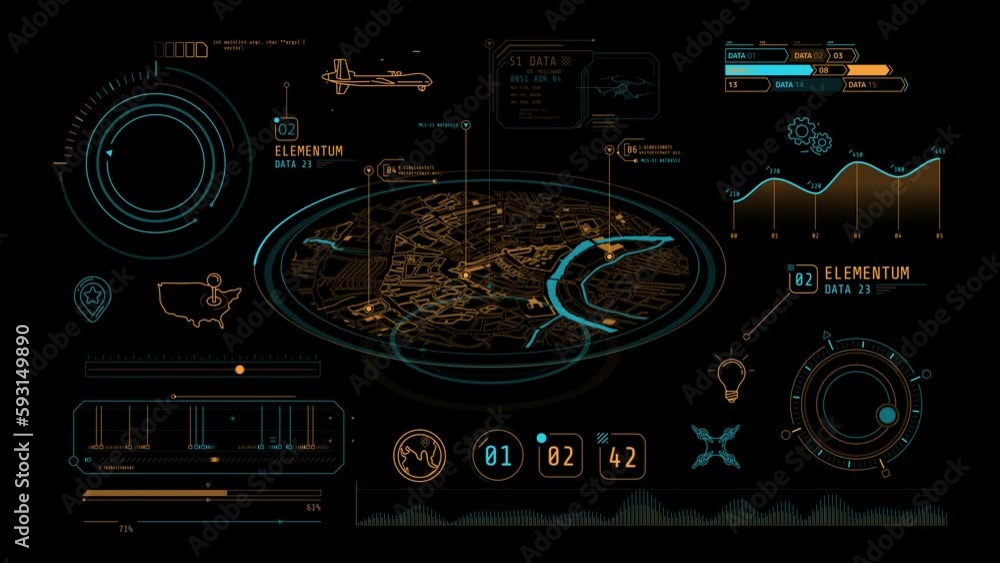 Poster animation of infographics about geolocation and drones on alpha channel.