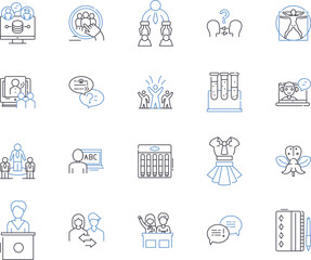 workshops and sessions outline icons collection. workshops, sessions, training, development, learning, education, skills vector and illustration concept set. knowledge, networking, collaboration