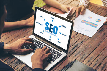 SEO search engine optimization for modish e-commerce and online retail business showing on computer...