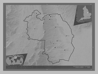 North Kesteven, England - Great Britain. Grayscale. Labelled points of cities