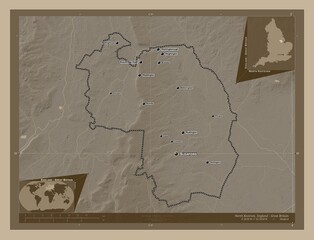 North Kesteven, England - Great Britain. Sepia. Labelled points of cities