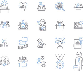 Team training outline icons collection. Team-building, Collaboration, Education, Coaching, Facilitation, Accountability, Motivation vector and illustration concept set. Communication, Productivity