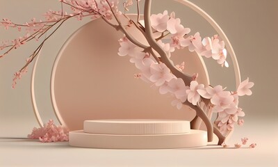3D background, pink podium display. Sakura pink flower falling tree branch. Cosmetic or beauty product promotion step floral, pastel pedestal. Abstract minimal advertise. Ai generative