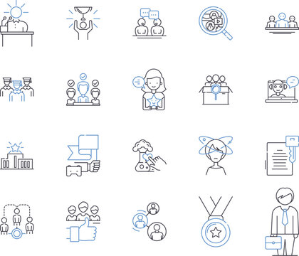 Team training outline icons collection. Team-building, Collaboration, Education, Coaching, Facilitation, Accountability, Motivation vector and illustration concept set. Communication, Productivity