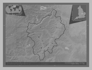 North Northamptonshire, England - Great Britain. Grayscale. Labelled points of cities