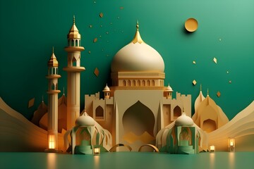 Mosque paper crafts. Ramadan and eid mubarak theme paper art. (AI generated) - 593151030