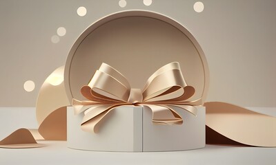 3D podium display, Gift background for product presentation or text. Gift box with gold ribbon. Beige backdrop Nude pedestal showcase. Present Branding banner. Ai generative