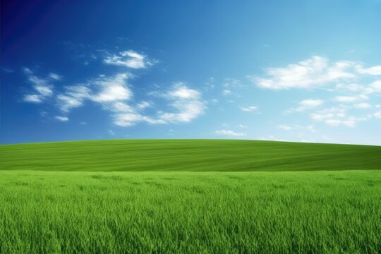 Sweeping image of a green field with a clear blue sky. Generative AI