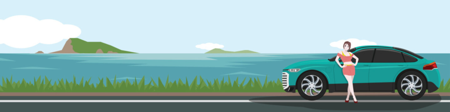 Landscape view of luxury car parking beside seabeach. Woman standing beside road for post action for travel. Vector or illustrator for banner background.