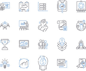 Business development outline icons collection. Sales, Leads, Strategy, Marketing, Profit, Growth, Networking vector and illustration concept set. Consulting,Product,Clients linear signs