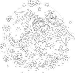 Happy birthday card with a funny little princess flying on her friend fire-breathing dragon surrounded by sweets and colorful flowers, black and white outline vector cartoon illustration