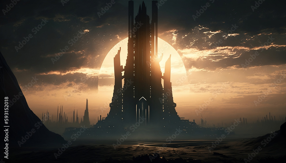 Wall mural towering citadel with a planet in the background generative ai