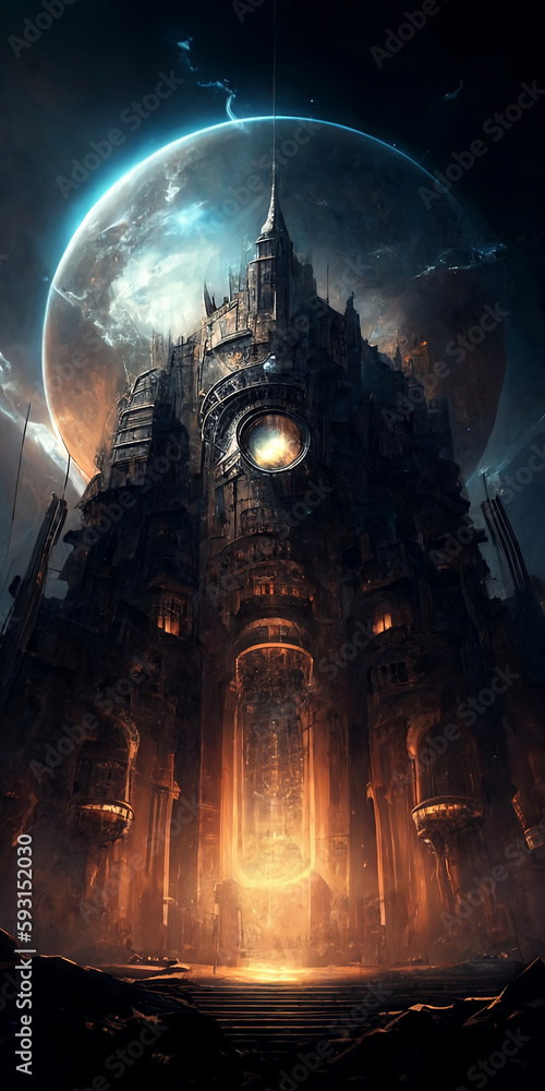 Wall mural towering citadel with a planet in the background generative ai