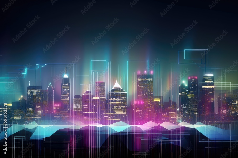 Wall mural digital holographic background with view of futuristic cityscape, created with generative ai