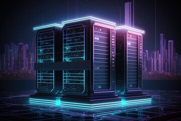 image of a data center with a cityscape in the background. digitally made concept illustration of global technology and data processing. Generative AI